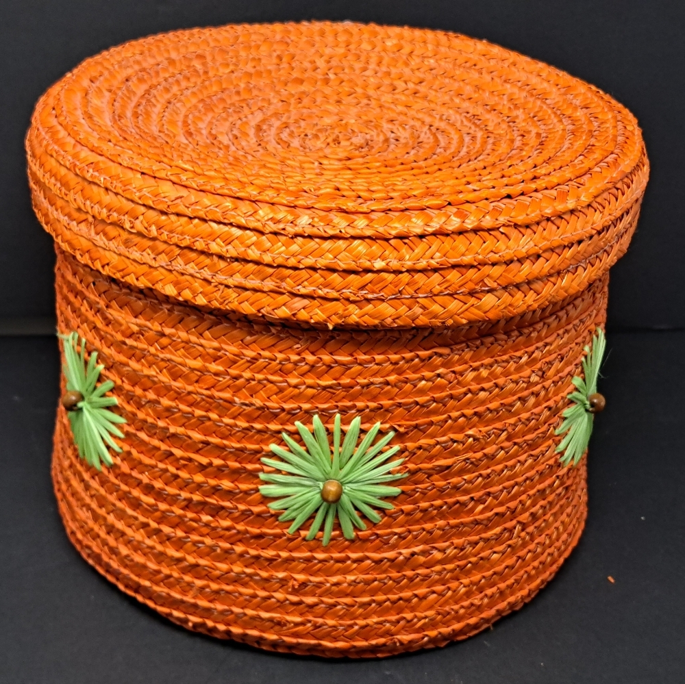 Mid Century Modern Woven Lidded Basket With Flowers